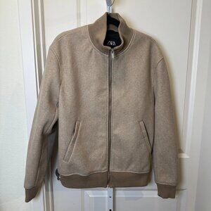 Zara Mens Bomber Jacket Classic Full Zip Casual Coat Tan Medium Wool Blend Feel